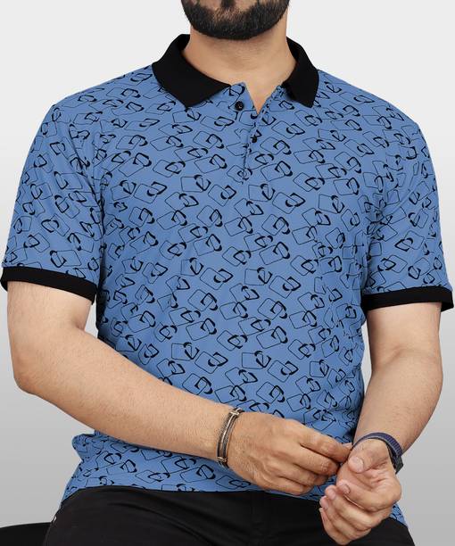 VeBNoR Men Printed Polo Neck Polyester Blue T-Shirt