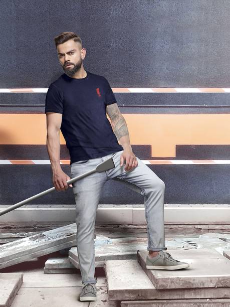 Men Solid Round Neck Cotton Blend Dark Blue T-Shirt