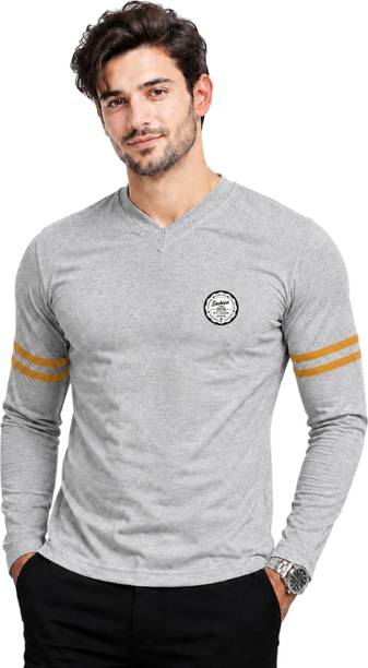 Men Graphic Print V Neck Cotton Blend Silver T-Shirt