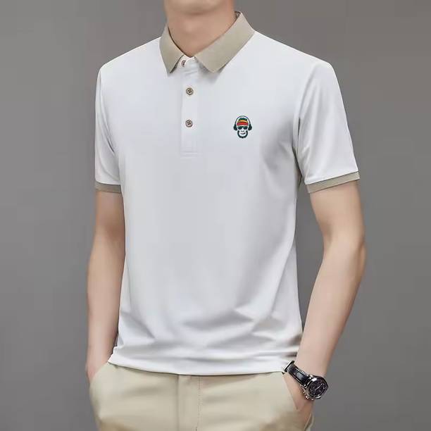 Men Solid, Embroidered Polo Neck Polycotton White T-Shirt
