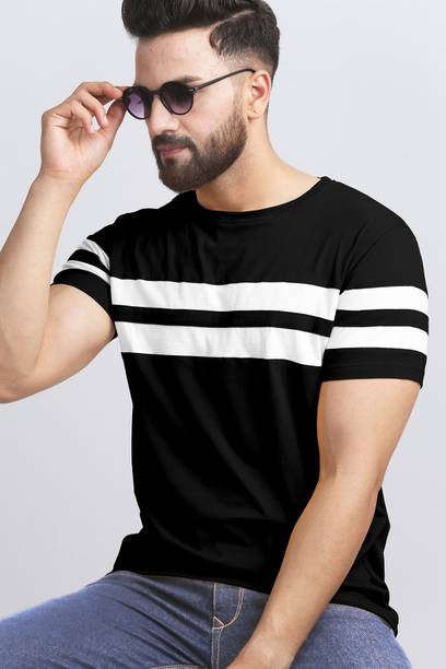 Men Striped Round Neck Cotton Blend Black, White T-Shirt