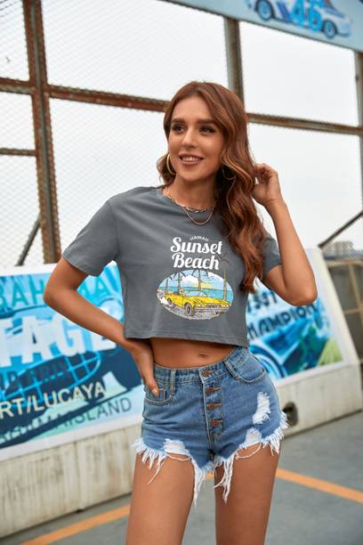 Urbanic Printed Women Round Neck Grey T-Shirt