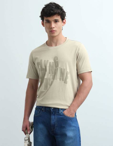 Men Graphic Print Round Neck Pure Cotton Beige T-Shirt