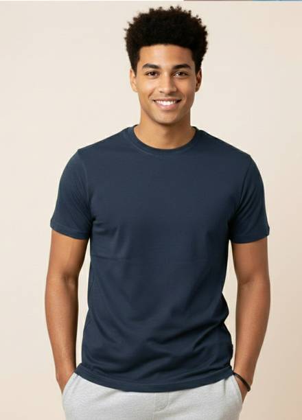 Men Self Design Round Neck Pure Cotton Dark Blue T-Shirt