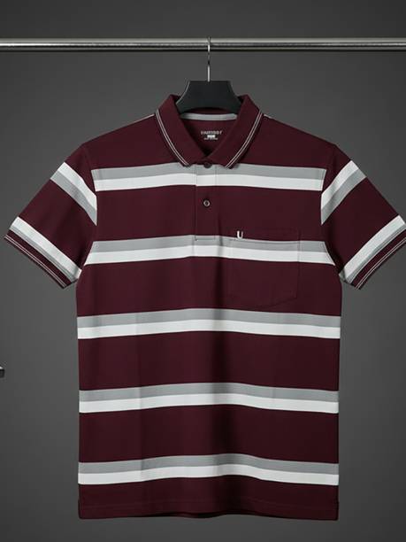 Men Striped Polo Neck Cotton Blend Maroon T-Shirt