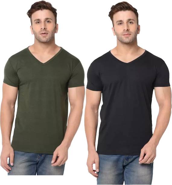 Pack of 2 Men Solid V Neck Polyester Dark Green, Black T-Shirt
