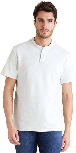 Men Solid Henley Neck Pure Cotton White T-Shirt
