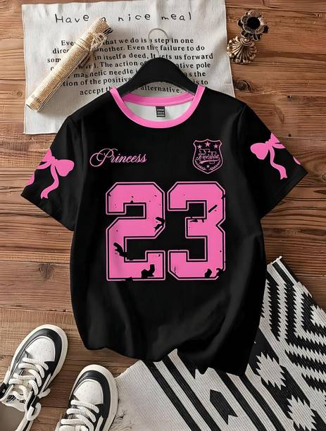 Women Printed Round Neck Cotton Blend Black, Pink T-Shirt