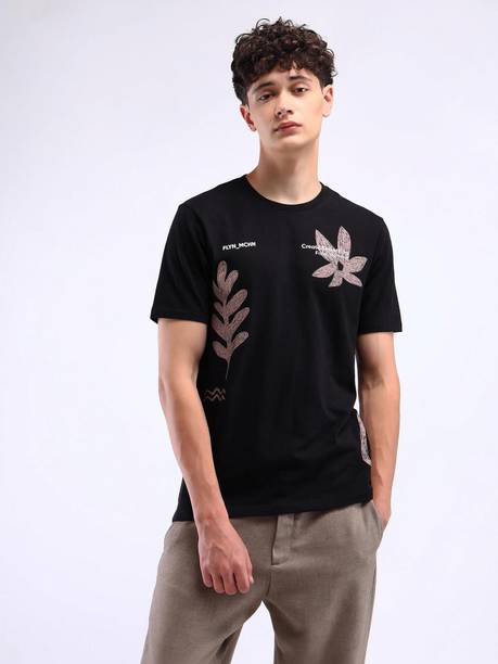 Men Printed Crew Neck Cotton Blend Black T-Shirt