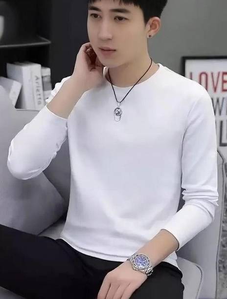 Men Solid Round Neck Polyester White T-Shirt