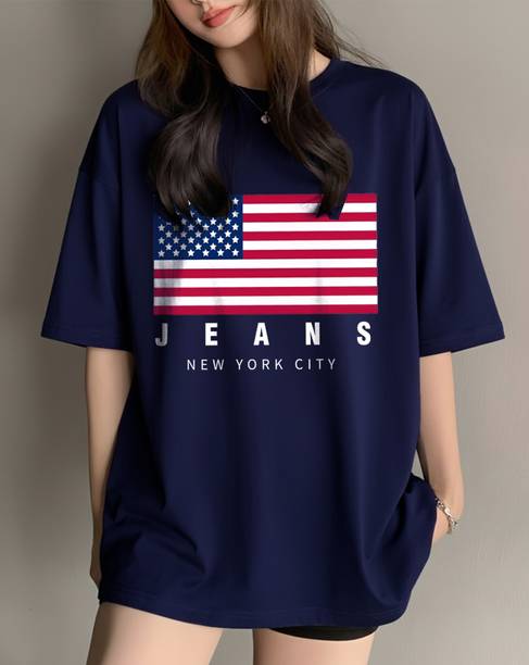 Women Printed Round Neck Cotton Blend Blue T-Shirt