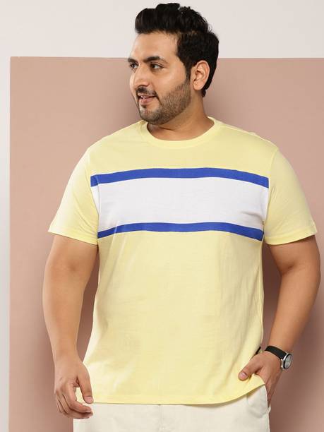 Sztori Men Striped Round Neck Pure Cotton Yellow T-Shirt