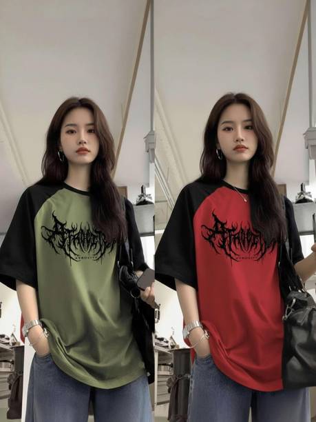 Pack of 2 Women Printed, Colorblock Round Neck Reversible Cotton Blend Red, Green T-Shirt