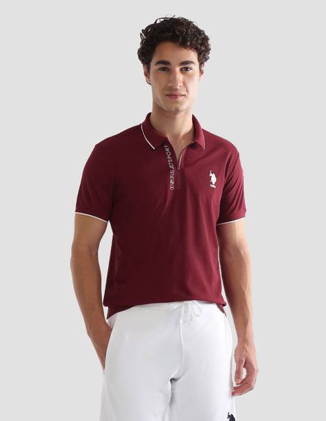 Men Solid Polo Neck Polyester Red T-Shirt