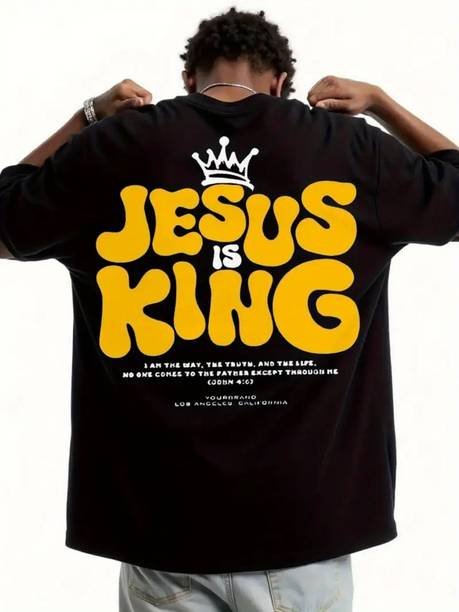 Oversized Men Printed Round Neck Cotton Blend Black T-Shirt