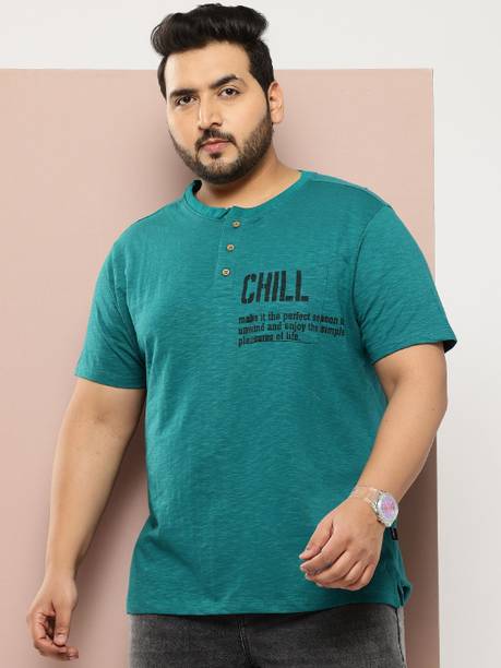 Sztori Men Printed Henley Neck Pure Cotton Green T-Shirt