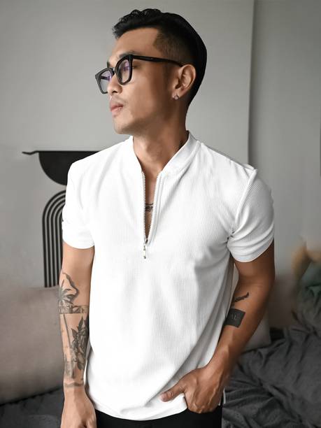 Jump Cuts Men Solid Henley Neck Polyester White T-Shirt