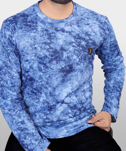 Men Printed Round Neck Poly Cotton Blue T-Shirt Price in India