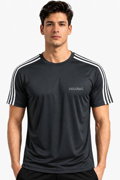Men Striped Round Neck Nylon Black T-Shirt
