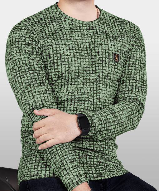 Men Checkered Round Neck Poly Cotton Green T-Shirt Price in India
