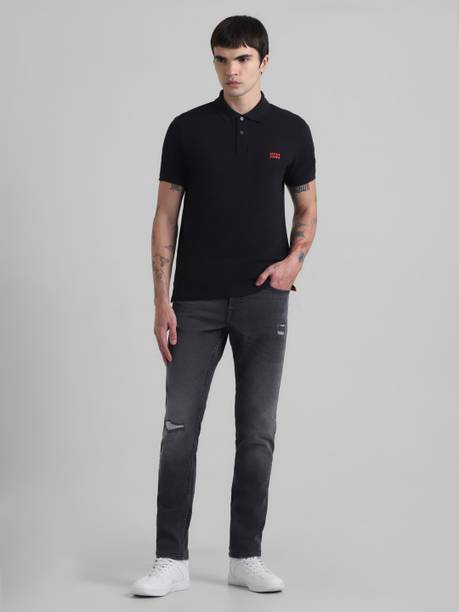 JACK & JONES Men Solid Polo Neck Cotton Blend Black T-Shirt