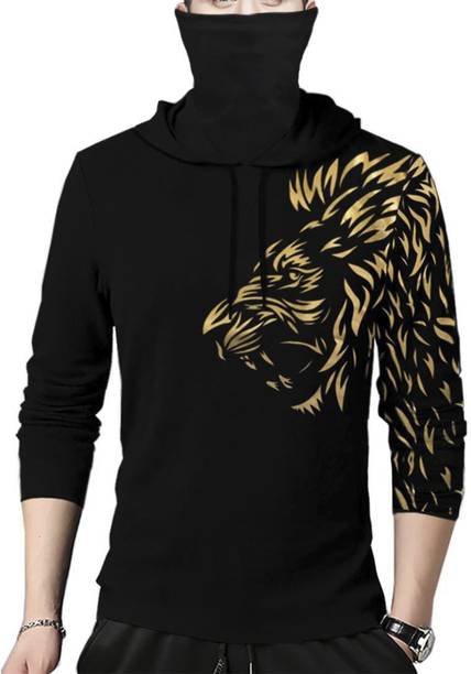 Men Printed Hooded Neck Cotton Blend Black T-Shirt