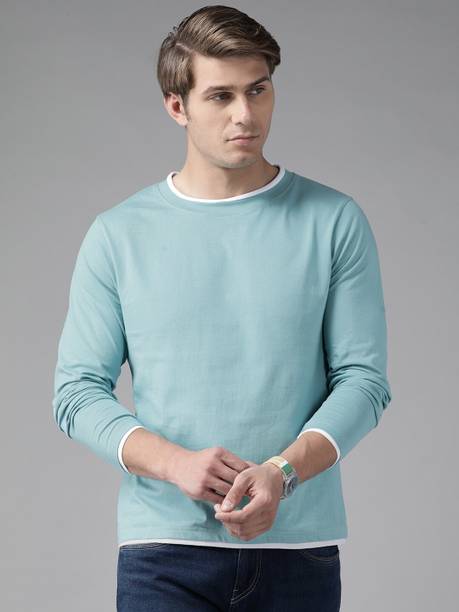 THE DRY STATE Men Colorblock Round Neck Pure Cotton Light Blue T-