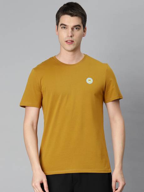 ALCIS Men Solid Round Neck Cotton Blend Yellow T-Shirt