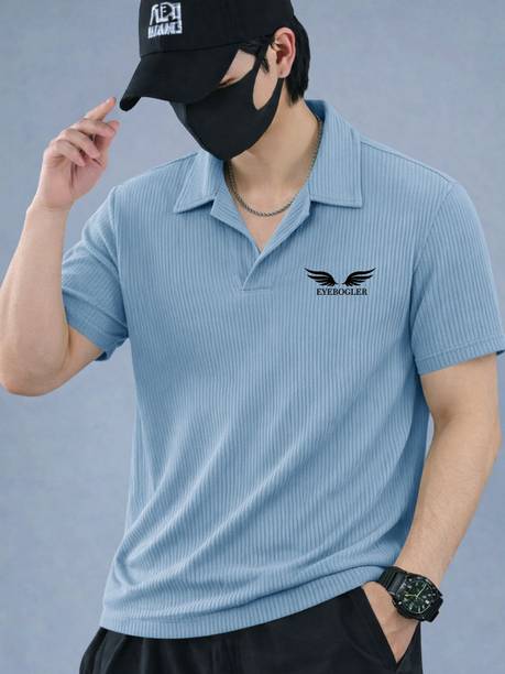 Men Self Design Polo Neck Polycotton Light Blue T-Shirt
