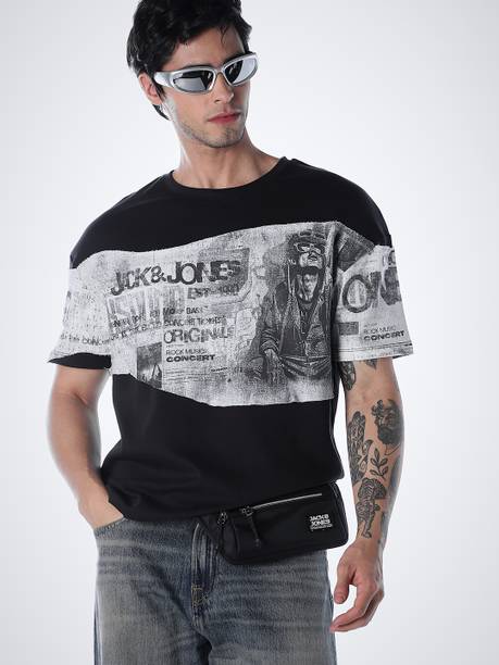 Men Printed, Colorblock Round Neck Cotton Blend Black T-Shirt