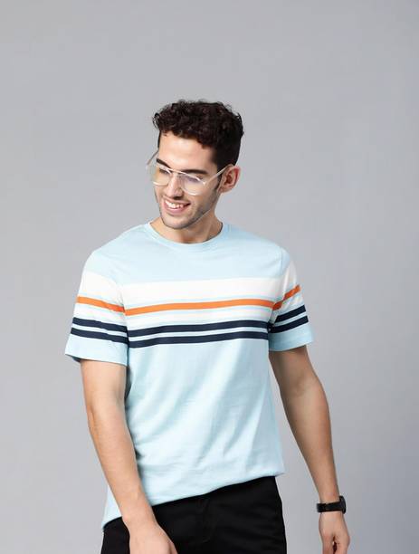 Mast & Harbour Men Striped Round Neck Pure Cotton Blue T-Shirt