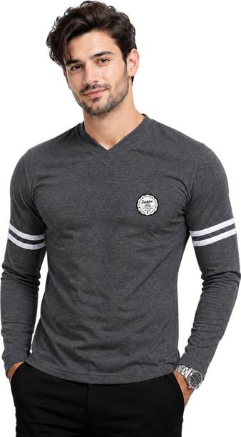 Men Embroidered V Neck Cotton Blend Grey T-Shirt
