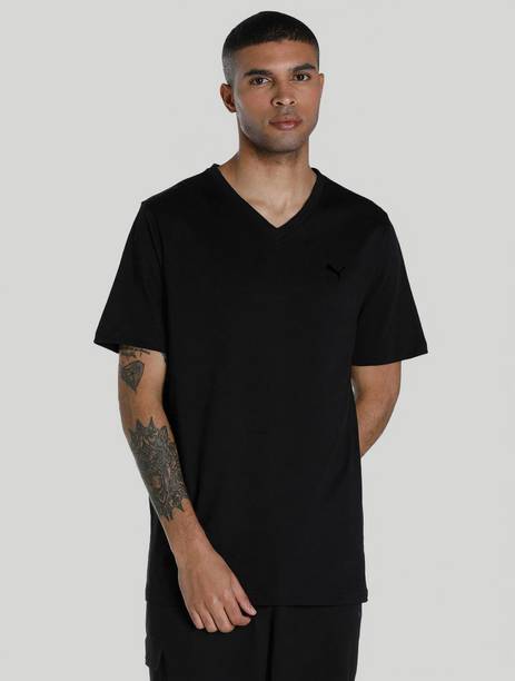 Men Solid V Neck Pure Cotton Black T-Shirt