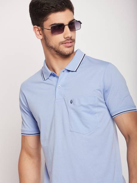 UNIBERRY Men Solid Polo Neck Cotton Blend Light Blue T-Shirt