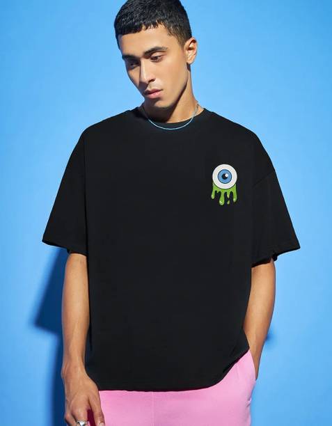 Oversize Men Typography Round Neck Pure Cotton Black T-Shirt