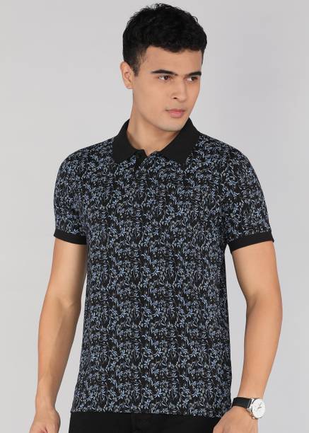 Men Printed Polo Neck Cotton Blend Black T-Shirt