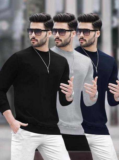 Pack Of 3 Men Solid Round Neck Cotton Blend Multicolor