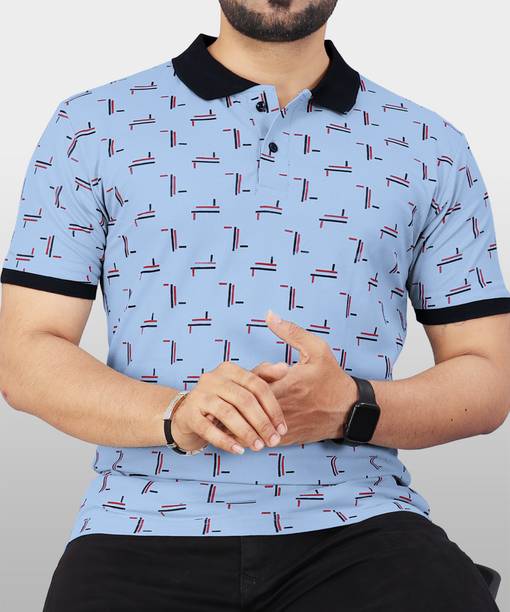 VeBNoR Men Printed Polo Neck Polyester Light Blue T-Shirt