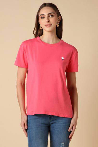 Women Printed Round Neck Cotton Blend Pink T-Shirt