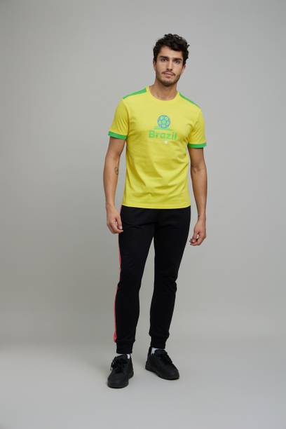 Men Printed, Typography Round Neck Pure Cotton Yellow T-Shirt