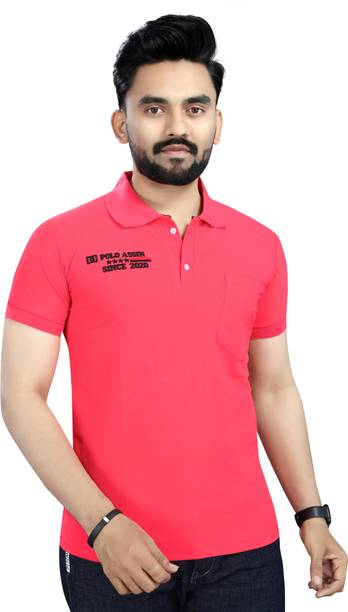 Men Embroidered Polo Neck Poly Cotton Pink T-Shirt