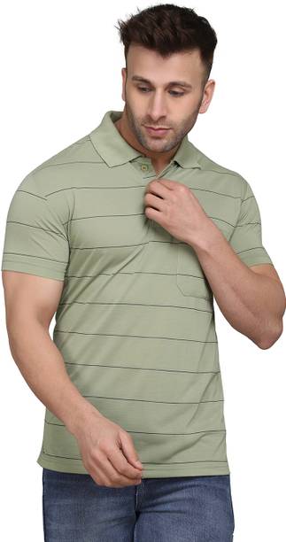 INKKR Men Striped Polo Neck Cotton Blend Multicolor T-Shirt