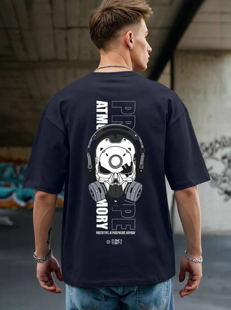 Oversized Men Graphic Print Round Neck Pure Cotton Blue T-Shirt