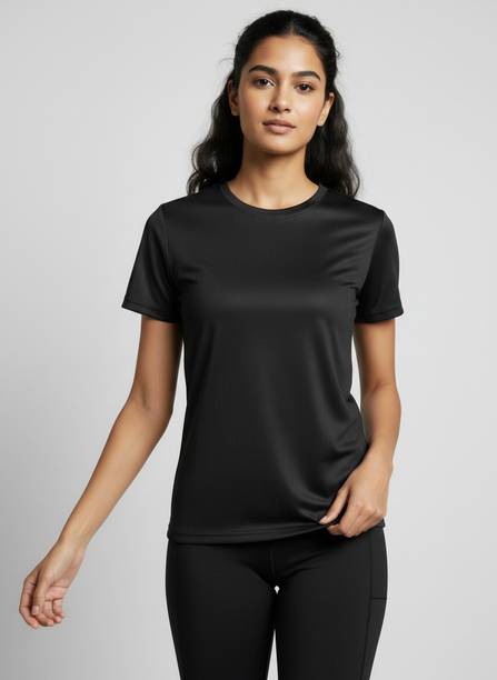 Metronaut Women's Round Neck Cotton Blend Black T-Shirt