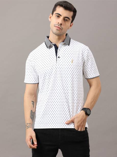 Stellers Men Printed Polo Neck Polyester White T-Shirt