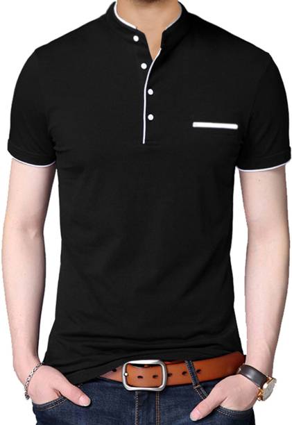 Men Solid Mandarin Collar Cotton Blend Black T-Shirt