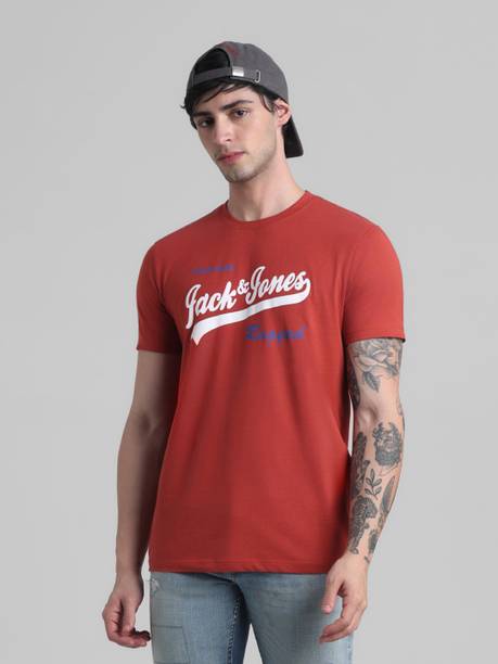 Men Typography Round Neck Cotton Blend Red T-Shirt