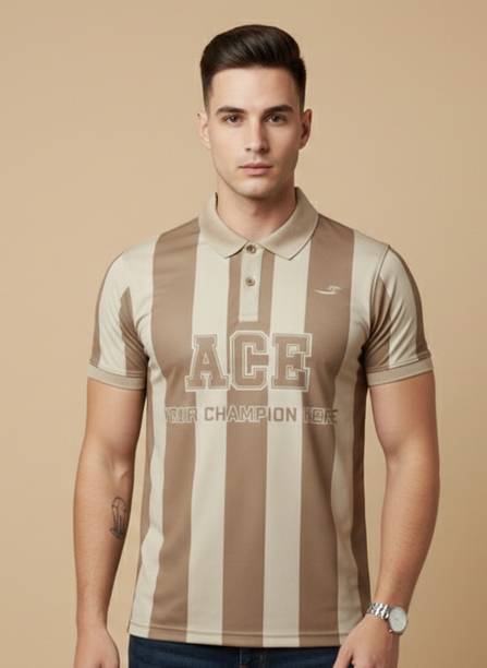 Men Self Design Polo Neck Polyester Beige T-Shirt