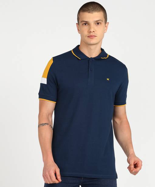 KILLER Men Colorblock Polo Neck Cotton Blend Navy Blue T-Shirt
