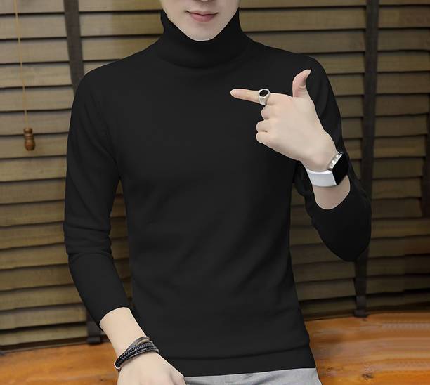 Men Solid High Neck Cotton Blend Black T-Shirt